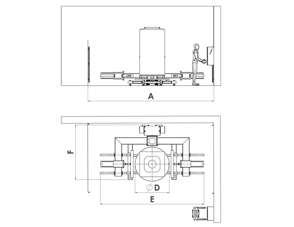 C-shape pneumatic bulk bag conditioner drawing and dimensions