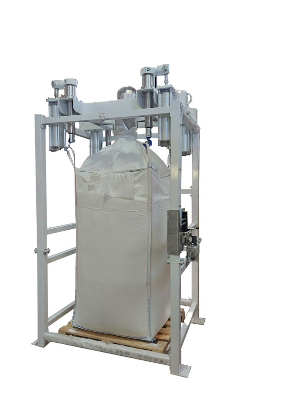 Bulk bag filling frame with pneumatic pistons and pallet/forklift truck base