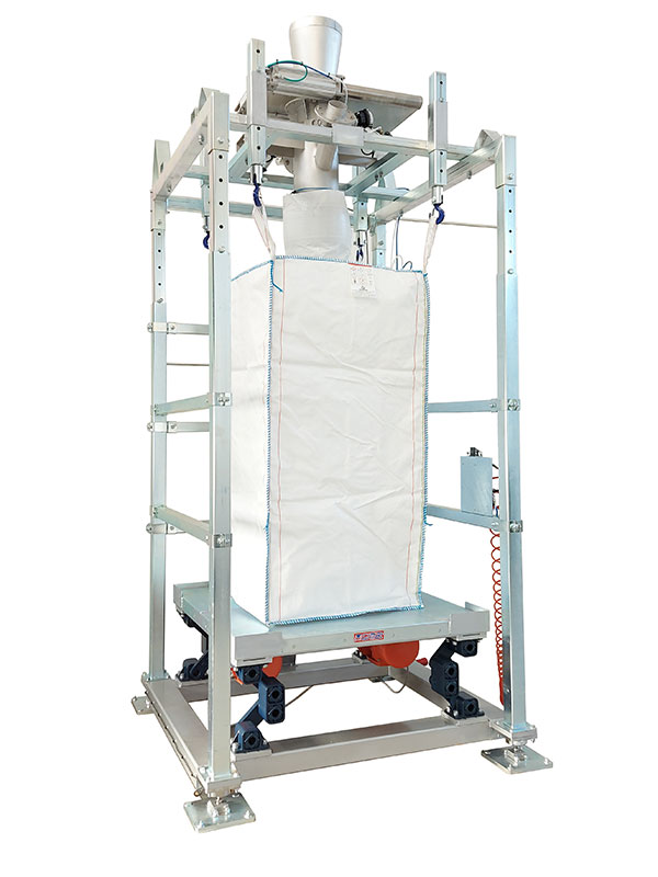 Bulk bag filling frame with vibrating plate and adjustable support feet