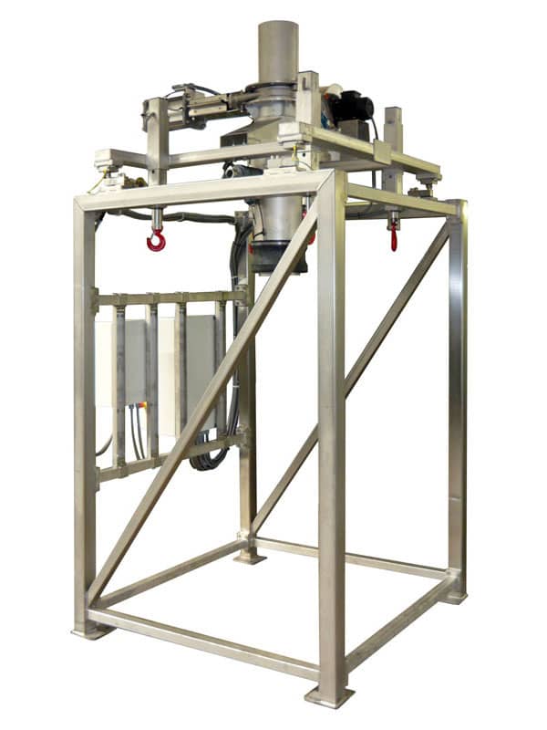 Bulk bag filling frame with blower and weighing system